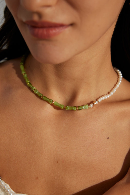 Bamboo Resin Stone Pearl Necklace By Essimoras